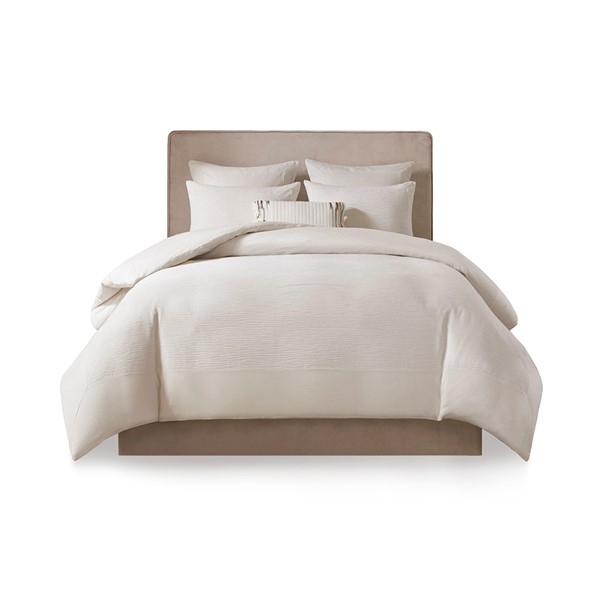 N Natori Hanae Cotton Blend Yarn Dyed 3 Piece Duvet Cover Set in White, Full/Queen NS12-3245 - Image 5