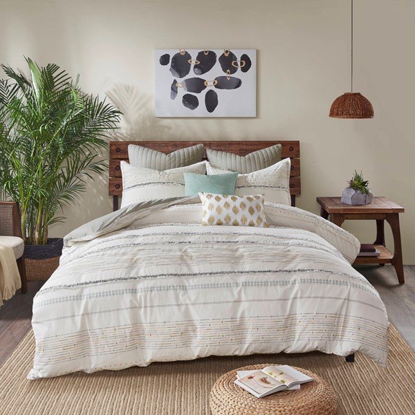INK+IVY Nea Cotton Printed Duvet Cover Set with Trims in Off White/Gray, King/Cal King II12-1059 - Image 3