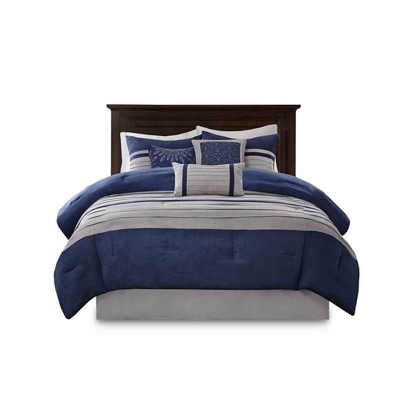 Madison Park Palmer 7 Piece Pieced Faux Suede Comforter Set in Blue, King MP10-2264 - Image 2