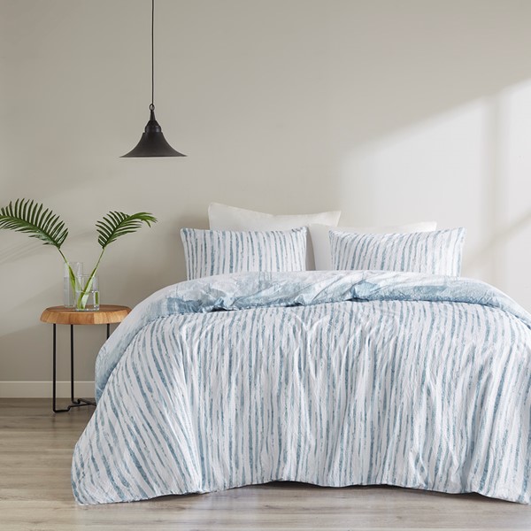 N Natori Brush Stroke 3 Piece Oversized Reversible Seersucker Duvet Cover Mini Set in Blue, King NS12-3708 - Image 4