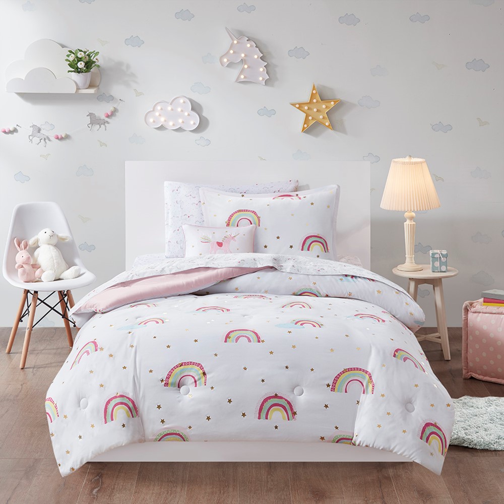 Mi Zone Kids Alicia Rainbow and Metallic Stars Comforter Set with Bed Sheets in White, Twin MZK10-263 - Image 2