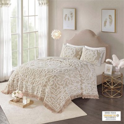 Madison Park Laetitia Tufted Cotton Chenille Medallion Fringe Coverlet Mini Set in Taupe, Full/Queen MP13-7118