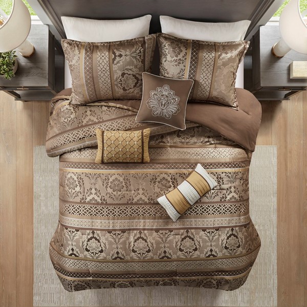 Madison Park Bellagio 7 Piece Jacquard Comforter Set in Brown/Gold, Queen MP10-4533 - Image 3