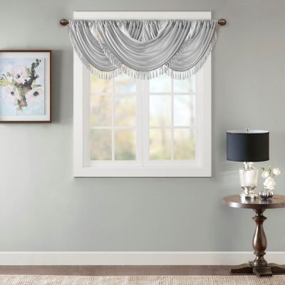 Madison Park Elena Faux Silk Waterfall Embellished Valance in Silver, 38x46" MP41-7410