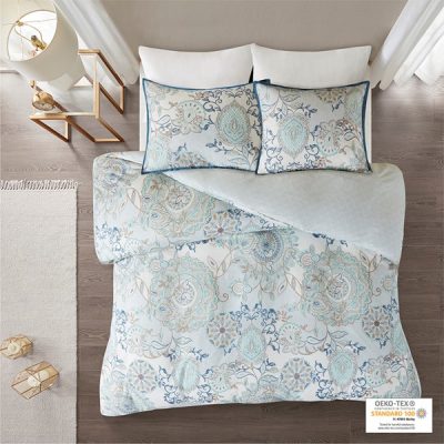 Madison Park Isla 3 Piece Cotton Floral Printed Reversible Duvet Cover Set in Blue, King/Cal King MP12-5807
