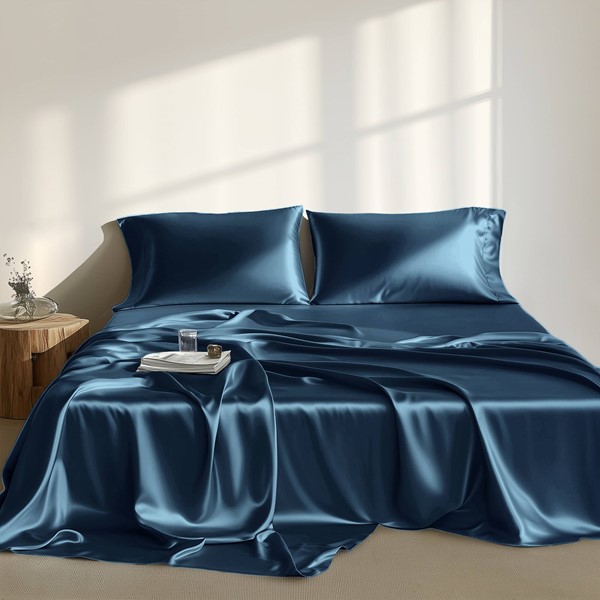 Madison Park Essentials Satin Luxury Sheet Set in Midnight Blue, King MPE20-1140