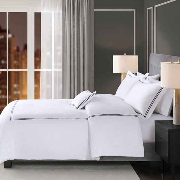 Madison Park Signature 500 Thread Count Luxury Collection 100% Cotton Sateen Embroidered Comforter Set in White/Navy, King/Cal King MPS10-505 - Image 2