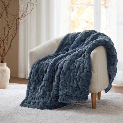Madison Park Ruched Fur Throw in Slate Blue, 50x60" MP50-8107