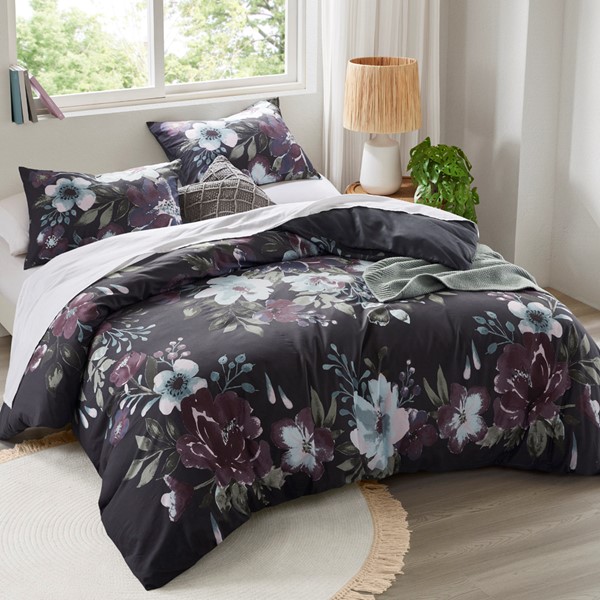 Madison Park Jolene 3 Piece Cotton Duvet Cover Set in Dark Grey/Plum, King/Cal King MP12-8493 - Image 3