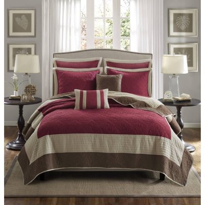 Madison Park Attingham 7 Piece Quilt Set with Euro Shams and Throw Pillows in Red, King/Cal King MP13-8805