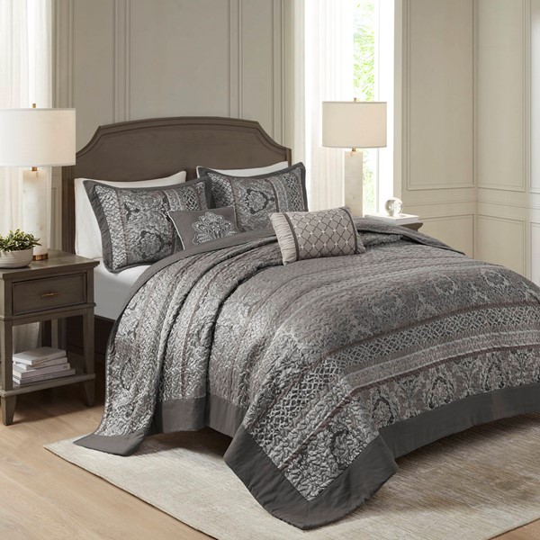 Madison Park Bellagio 5 Piece Reversible Jacquard Bedspread Set in Grey, King MP13-8783 - Image 2