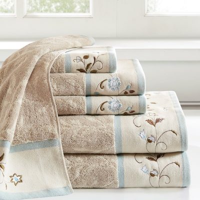 Madison Park Serene Embroidered Cotton Jacquard 6 Piece Towel Set in Blue, 6-Piece MP73-6090
