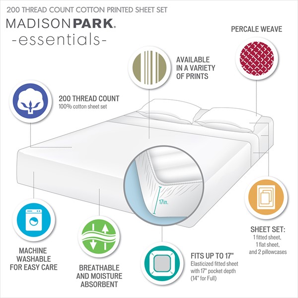 Madison Park Essentials 200 Thread Count Printed Cotton Sheet Set in Grey Stripe, Full MPE20-1015 - Image 4