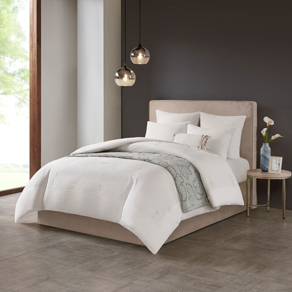 N Natori Hanae Cotton Blend Yarn Dyed 3 Piece Comforter Set in White, Full/Queen NS10-3243 - Image 5