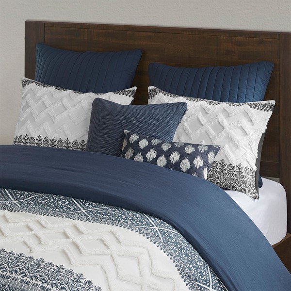 INK+IVY Mila 3 Piece Cotton Duvet Cover Set with Chenille Tufting in Navy, Full/Queen II12-1063 - Image 2