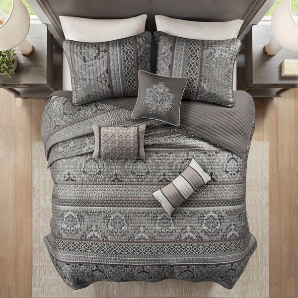 Madison Park Bellagio 6 Piece Jacquard Quilt Set with Throw Pillows in Grey, Full/Queen MP13-8780 - Image 2