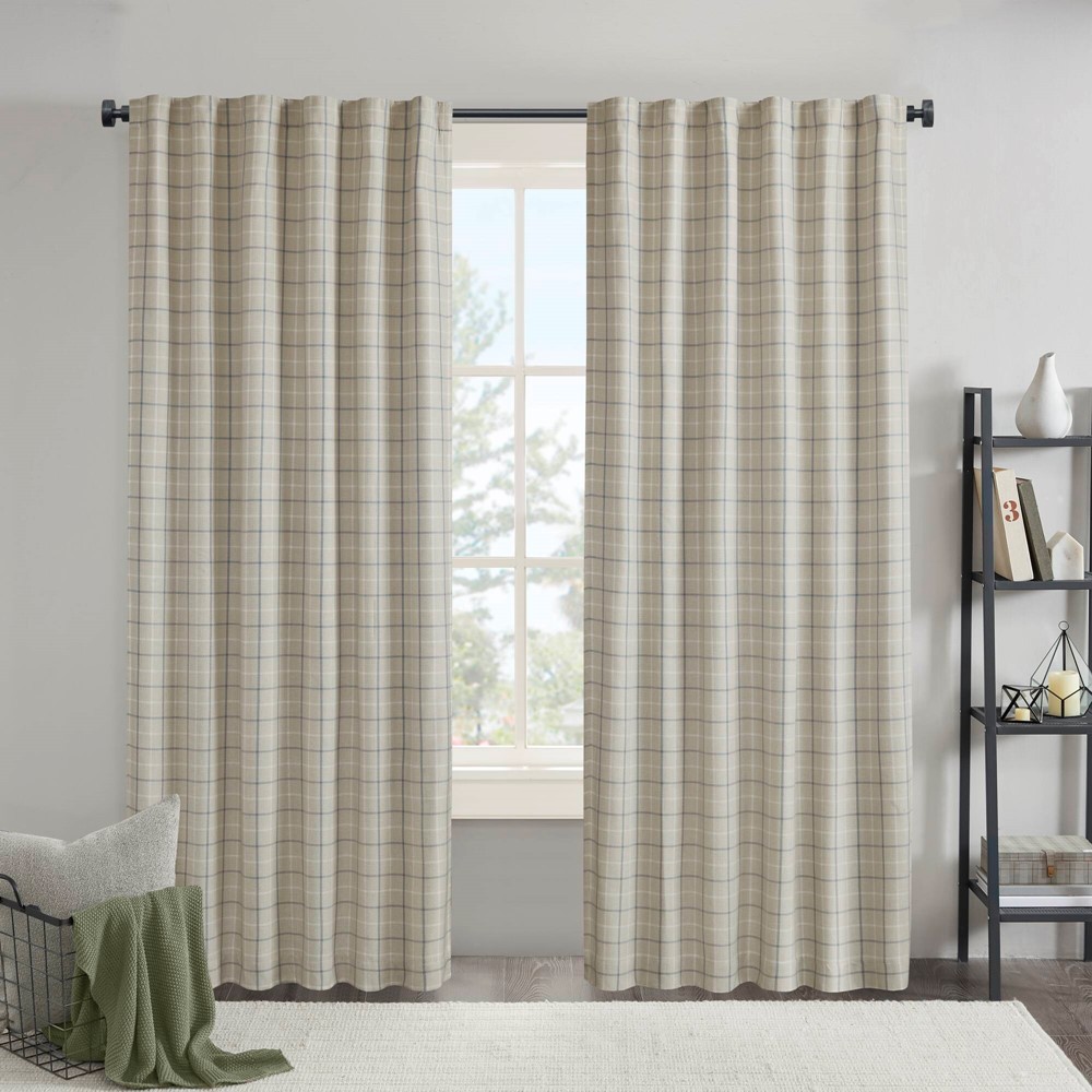 Madison Park Anaheim Plaid Rod Pocket and Back Tab Curtain Panel with Fleece Lining in linen blue, 50x108" MP40-8737