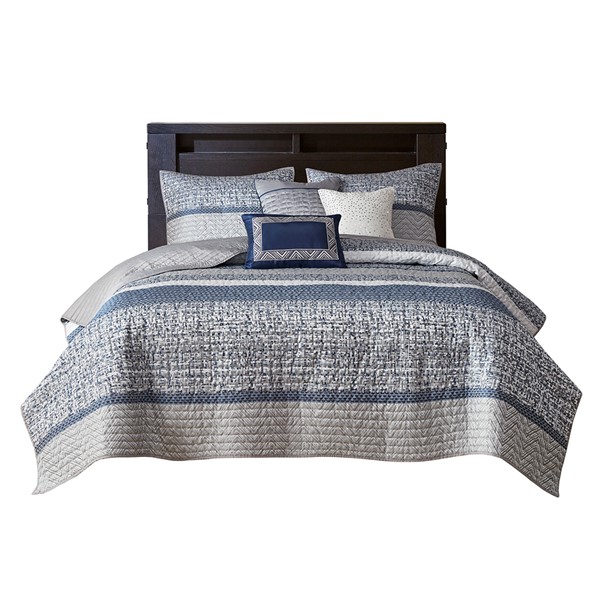 Madison Park Rhapsody 6 Piece Reversible Jacquard Quilt Set with Throw Pillows in Navy, King/Cal King MP13-7424 - Image 2