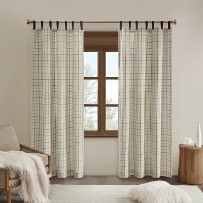 Madison Park Anaheim Plaid Faux Leather Tab Top Curtain Panel with Fleece Lining in Natural, 50x84" MP40-6761