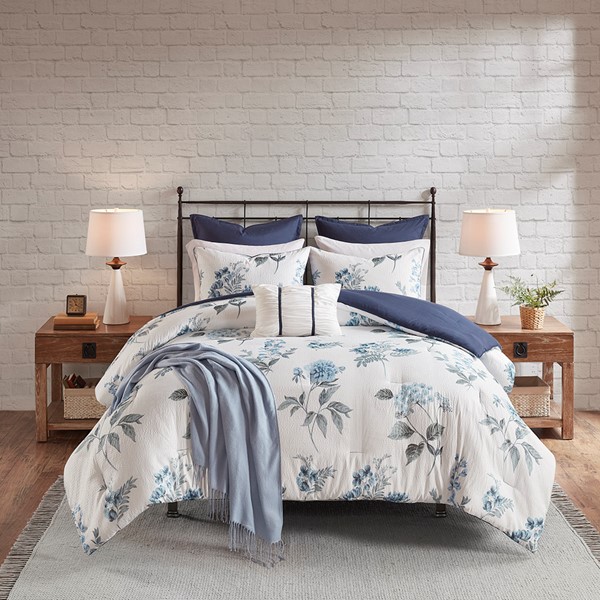 Madison Park Zennia 7 Piece Printed Seersucker Comforter Set with Throw Blanket in Blue, Full/Queen MP10-6303 - Image 2