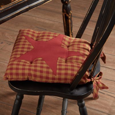Burgundy Star Country Vintage Tan Burgundy Check Chair Pad 14x14 - VHC Brands