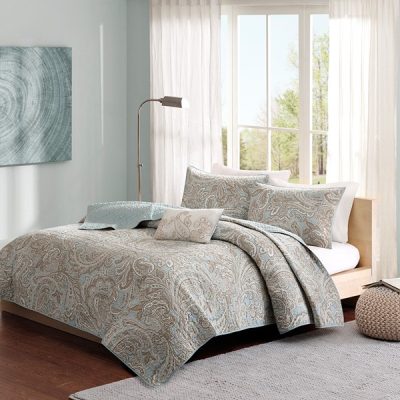 Madison Park Pure Ronan 4 Piece Cotton Quilt Set with Trhow Pillow in Blue, Full/Queen MPP13-049