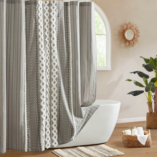 INK+IVY Imani Cotton Printed Shower Curtain with Chenille in Gray, 72x72" II70-1123 - Image 3