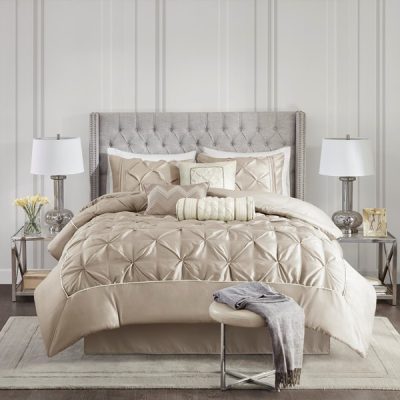 Madison Park Laurel 100% Polyester Pieced Pleated 7pcs Tufted Comforter Set in Taupe, Full TT10-0023