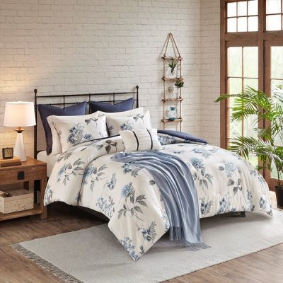 Madison Park Zennia 7 Piece Printed Seersucker Comforter Set with Throw Blanket in Blue, Full/Queen MP10-6303