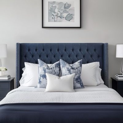 Madison Park Amelia Upholstered Wingback Headboard with Button Tufting & Nailhead Trim in Navy, Queen/Full MP116-1142