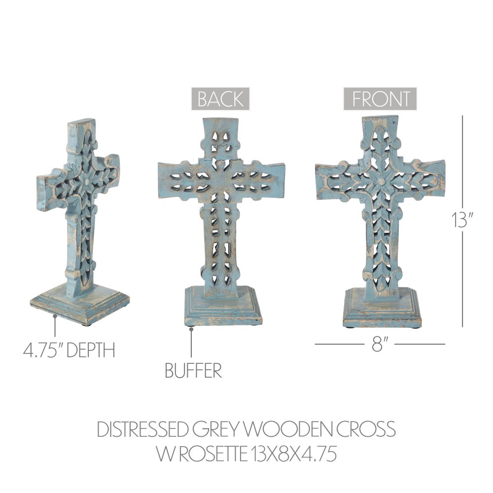 Distressed Grey Wooden Cross w/ Rosette Center & Base 13x8x5 - Image 6