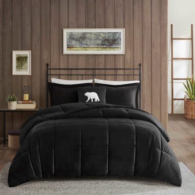 Woolrich Alton Plush to Sherpa Down Alternative Comforter Set in Black/Black, Full/Queen WR10-4106