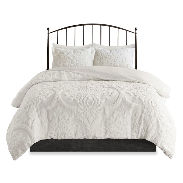 Madison Park Viola 3 Piece Tufted Cotton Chenille Damask Duvet Cover Set in Off-White, King/Cal King MP12-6208 - Image 3
