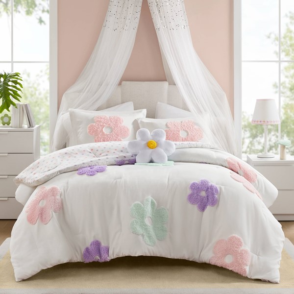 Urban Habitat Kids Gracie Floral Reversible Tufted Chenille Comforter Set with Flower Throw Pillow in White/Purple, Full/Queen UHK10-0227 - Image 3