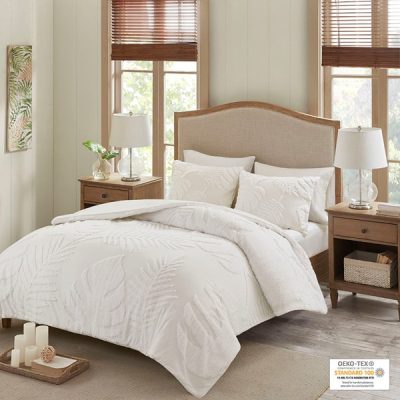 Madison Park Bahari 3 Piece Tufted Cotton Chenille Palm Comforter Set in Off-White, King/Cal King MP10-6222