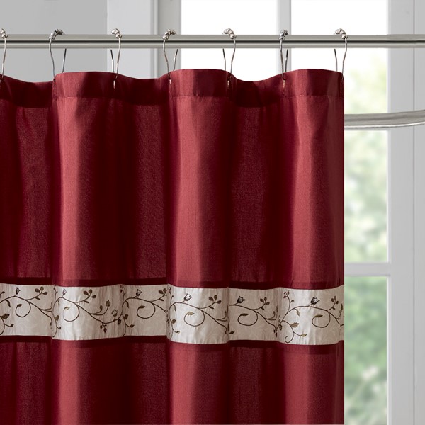 Madison Park Serene Faux Silk Embroidered Floral Shower Curtain in Red, 72x72" MP70-644 - Image 4