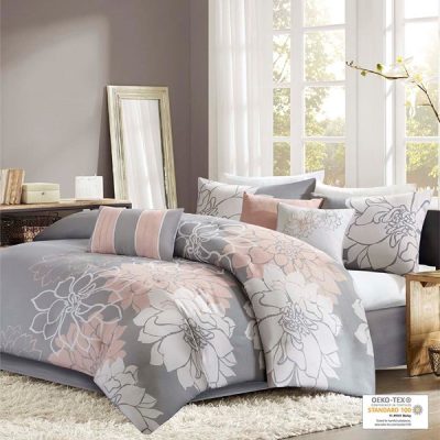 Madison Park Lola Printed Cotton Sateen Comforter Set in Grey/Peach, Queen MP10-5670