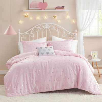 Mi Zone Rosalie Metallic Printed Plush Comforter Set with Throw Pillow in Pink/Silver, Full/Queen MZ10-0572