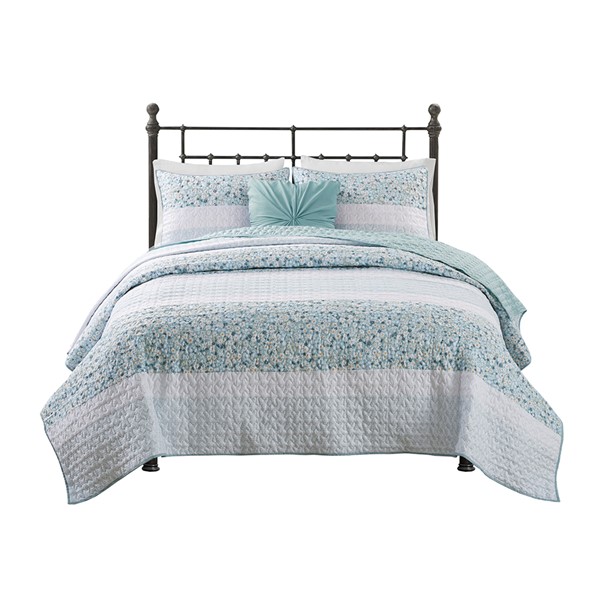 Madison Park Caralie 4 Piece Seersucker Quilt Set with Throw Pillow in Aqua, Full/Queen MP13-8289 - Image 2