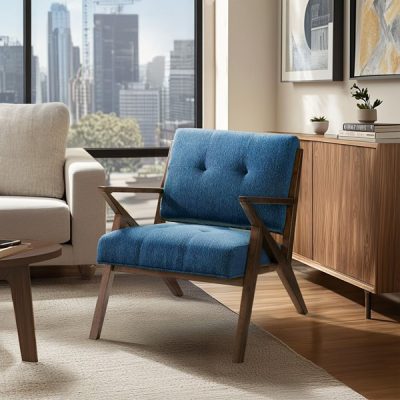 INK+IVY Rocket Upholstered Arm Chair with Angled Wood Frame in Blue/Pecan, One Size II100-0088