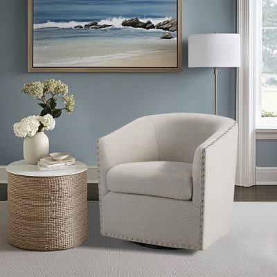 Madison Park Tyler Upholstered Swivel Barrel Chair with Nailheads in Natural Multi, One Size MP103-0236
