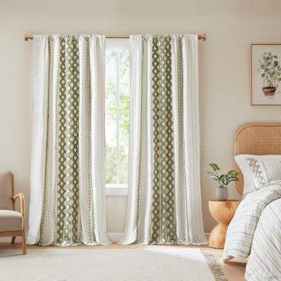 INK+IVY Imani Cotton Printed Curtain Panel with Chenille Stripe and Lining in Green, 50x84" II40-1350