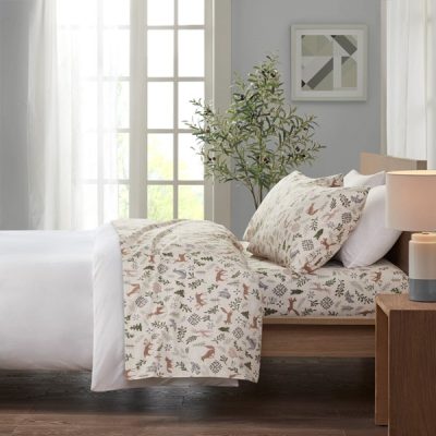 True North by Sleep Philosophy Cozy Cotton Flannel Printed Sheet Set in Tan Woodland Winter, Queen TN20-0560