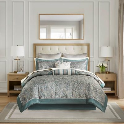 Madison Park Aubrey 12 Piece Comforter Set with Cotton Bed Sheets in Teal, Cal King MP10-8313