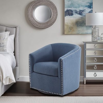 Madison Park Tyler Upholstered Swivel Barrel Chair with Nailheads in Blue, One Size MP103-1103