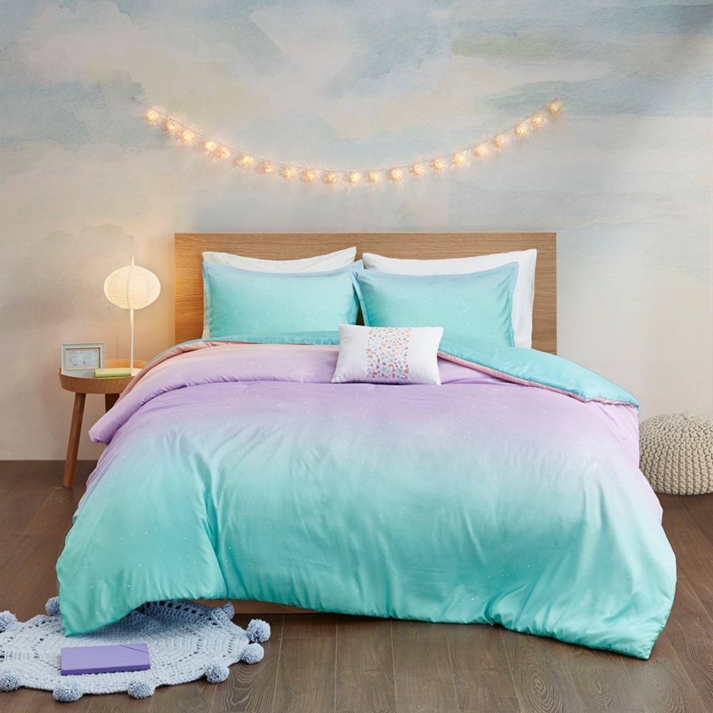 Mi Zone Glimmer Metallic Glitter Printed Reversible Duvet Cover Set in Aqua, Full/Queen MZ12-0598 - Image 3