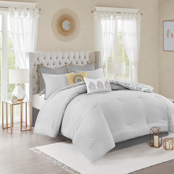 Madison Park Isla 8 Piece Cotton Floral Printed Reversible Comforter Set in Yellow, Queen MP10-8155 - Image 2