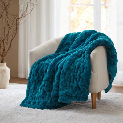 Madison Park Ruched Fur Throw in Teal, 50x60" MP50-3093