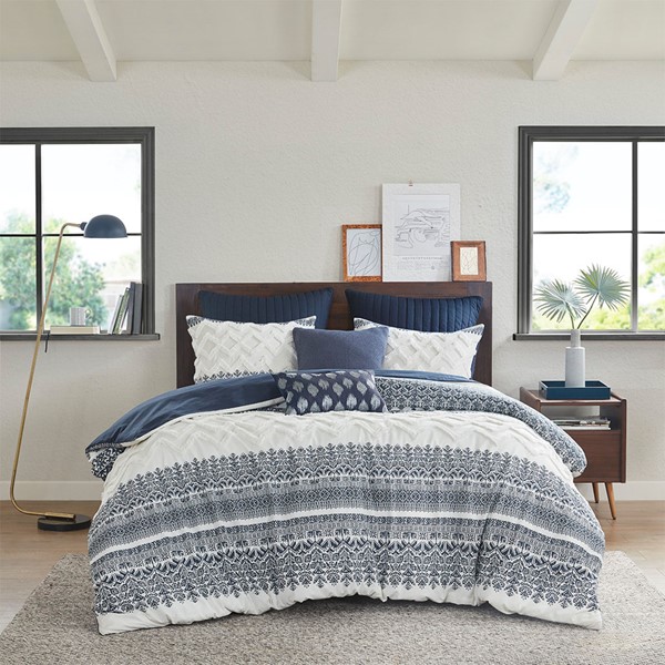 INK+IVY Mila 3 Piece Cotton Duvet Cover Set with Chenille Tufting in Navy, Full/Queen II12-1063 - Image 5