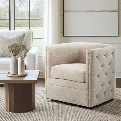 Madison Park Capstone 360-degree Swivel Barrel chair with Tufting and Nail heads in Taupe Multi, One Size MP103-0482